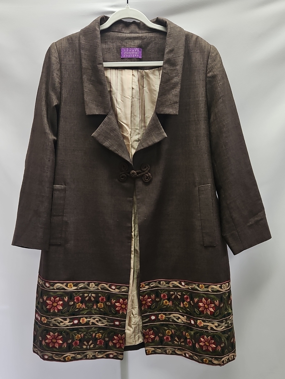 Tomasz Starzewski Brown Embroidered Silk Blend Longline Coat Jacket